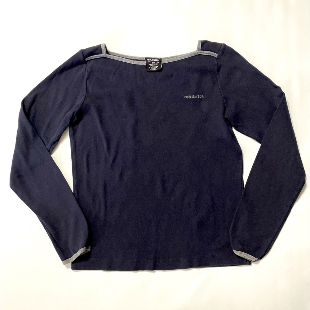 Y2K VTG Polo Ralph Lauren Boat Neck Navy Blue Long Sleeve Blouse Shirt Top XL